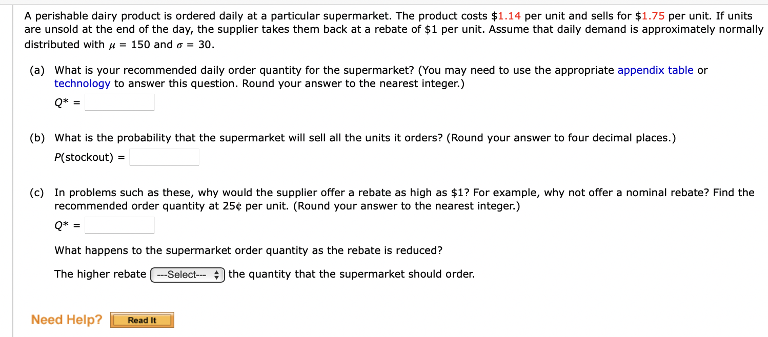 HELP PLEASE A perishable dairy product is ordered