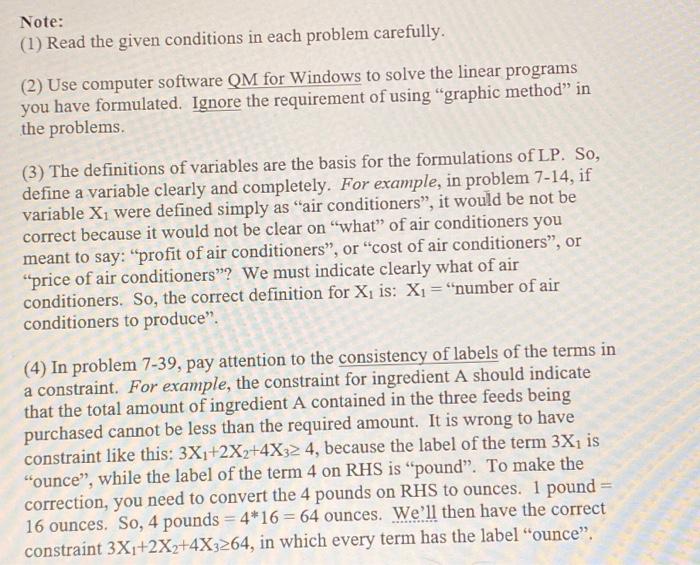 Note: (1) Read the given conditions in each