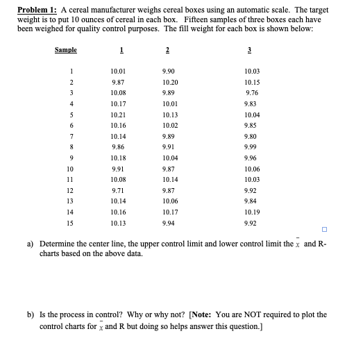 Problem 1: A cereal manufacturer weighs cereal