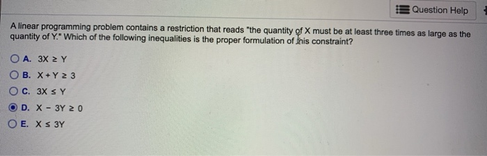 Question Help A linear programming problem