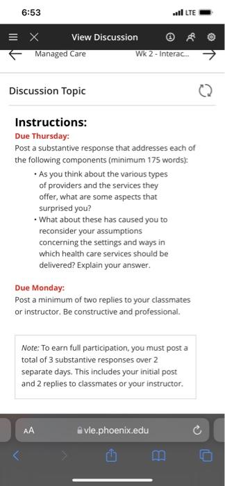 6:53 Il LTE = X View Discussion Managed Care Wk 2