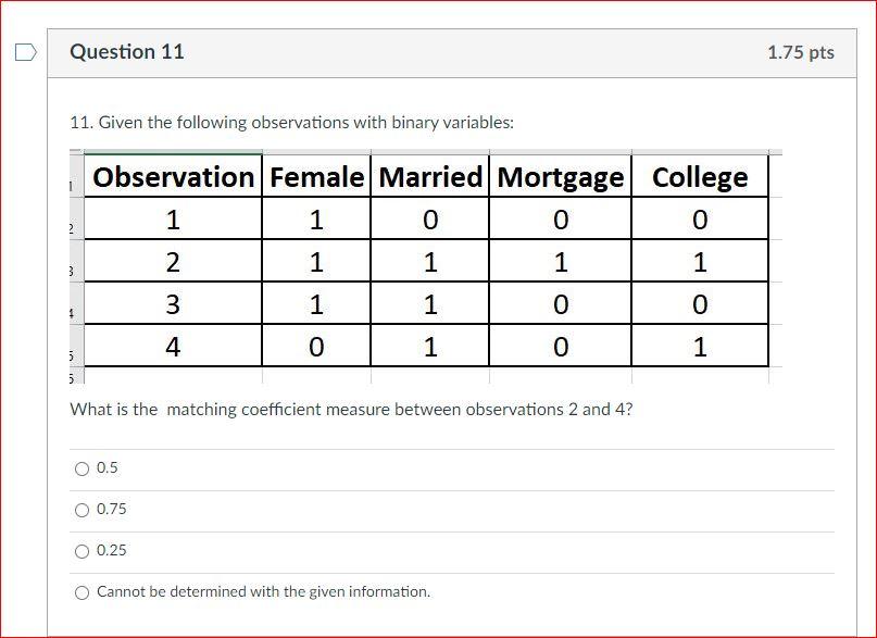Question 11 1.75 pts 11. Given the following