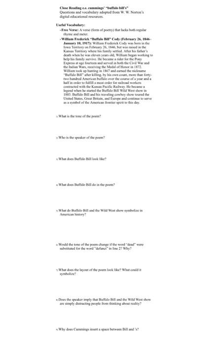 Close Reading excomming buffalo bi Questions and