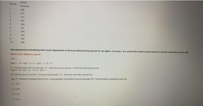 Actual Period Demand 300 1 2 3 314 333 5 331 7