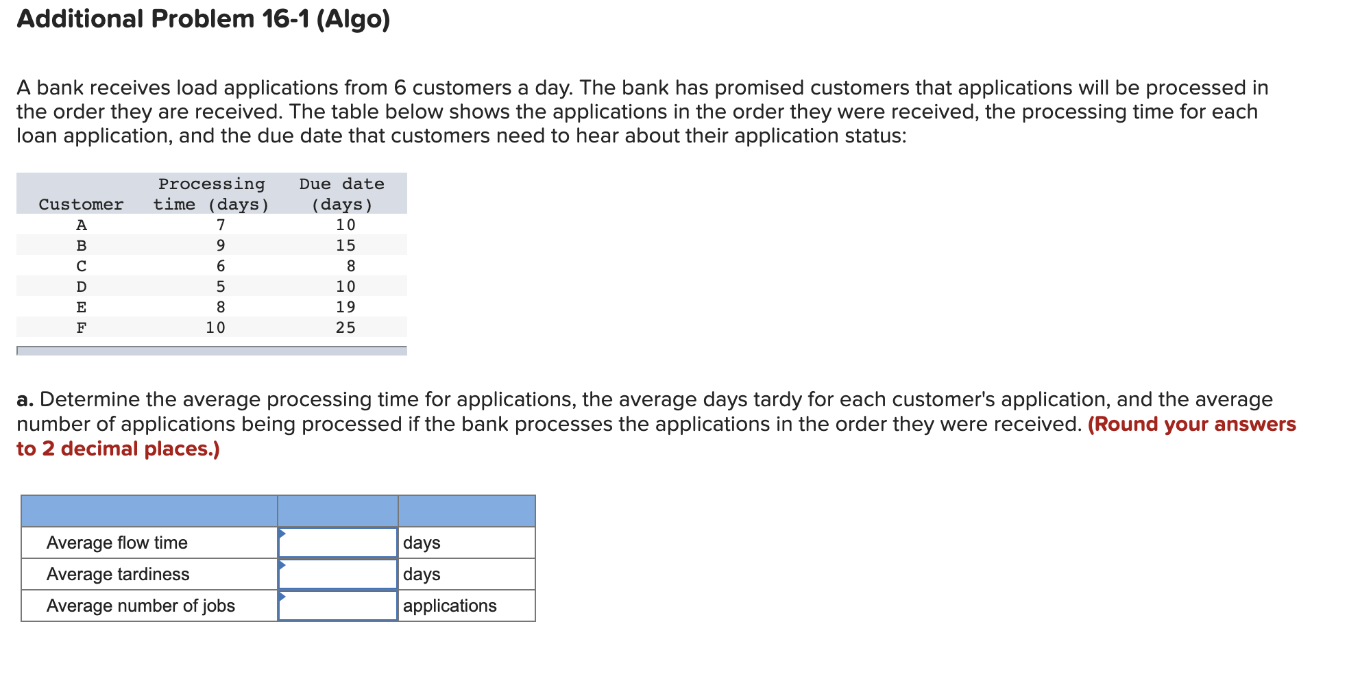 Additional Problem 16-1 (Algo) A bank receives