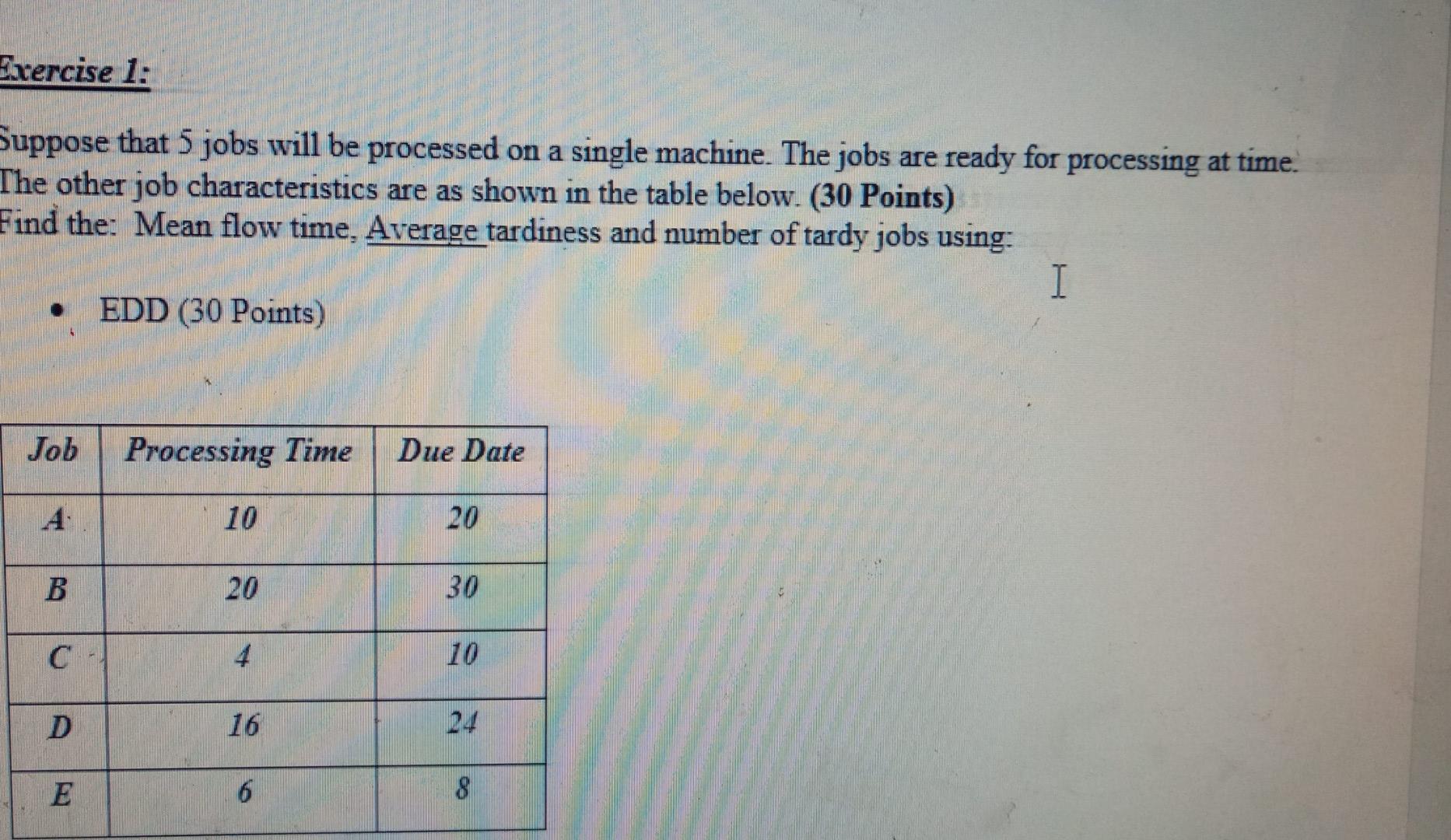 Exercise 1: Suppose that 5 jobs will be processed