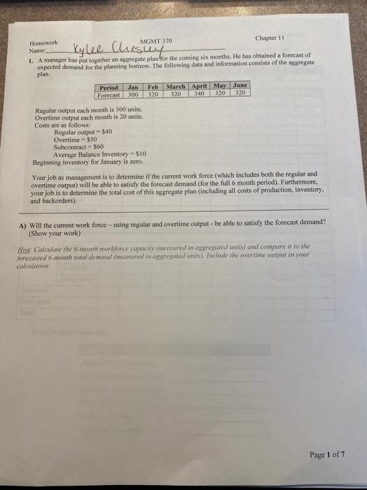 Homework MGMT 370 Name: Chapter 11 1. A manager