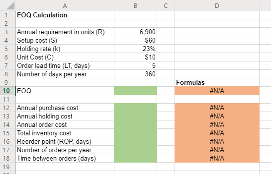 Please help with excel formulas EOQ Calculation 4