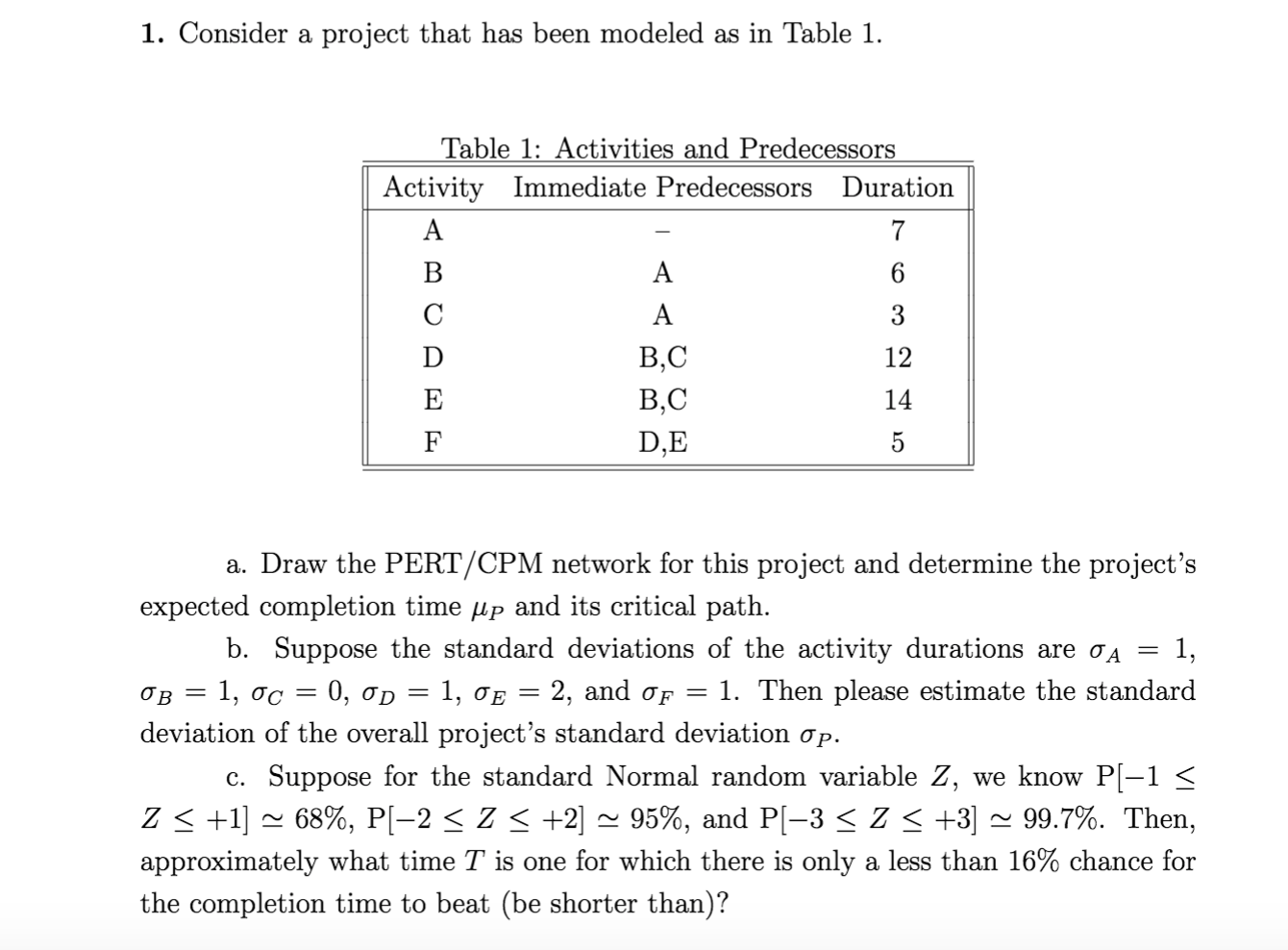 1. Consider a project that has been modeled as in