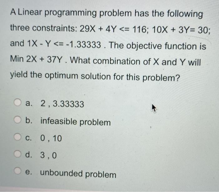 A Linear programming problem has the following