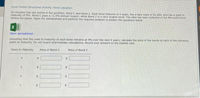 Excel Online Structured Activity: Bond valuation