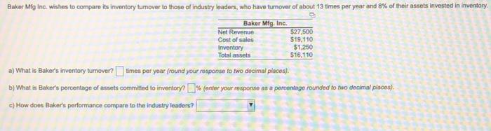 Baker Mfg Inc. wishes to compare its inventory