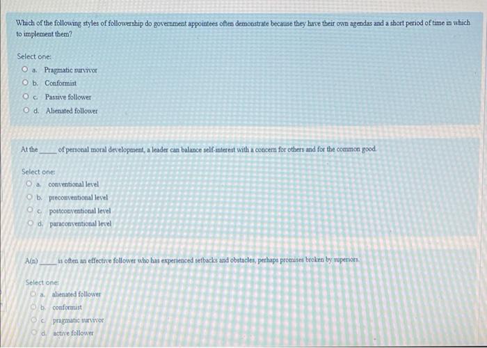 Which of the following styles of followership do
