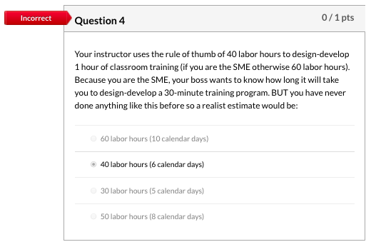 Incorrect Question 4 0/1 pts Your instructor uses