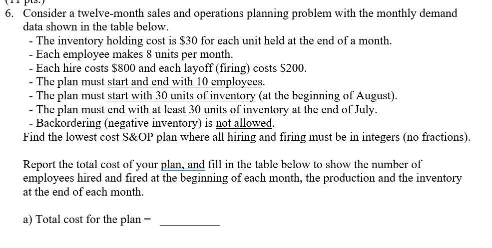 - 6. Consider a twelve-month sales and operations