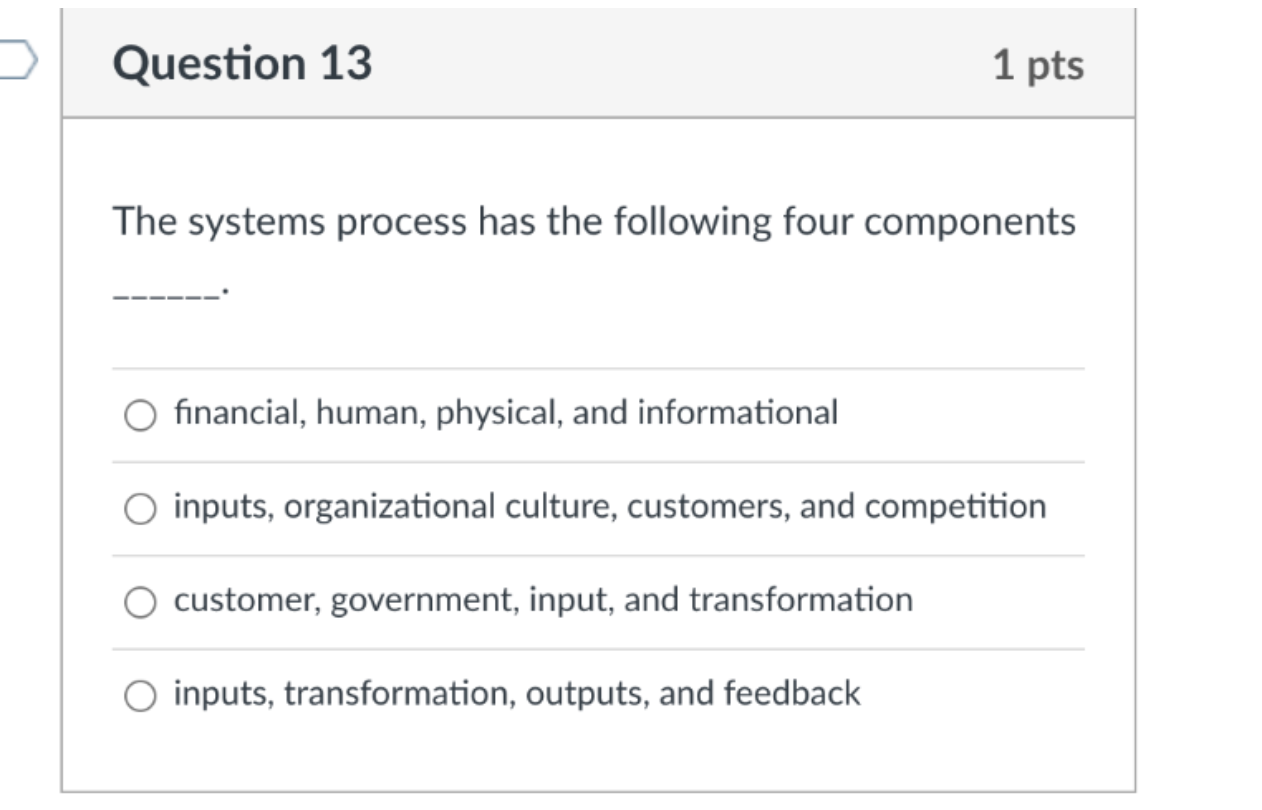 > Question 13 1 pts The systems process has the