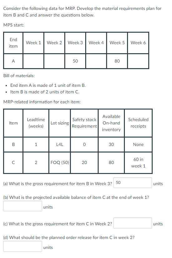 Consider the following data for MRP. Develop the