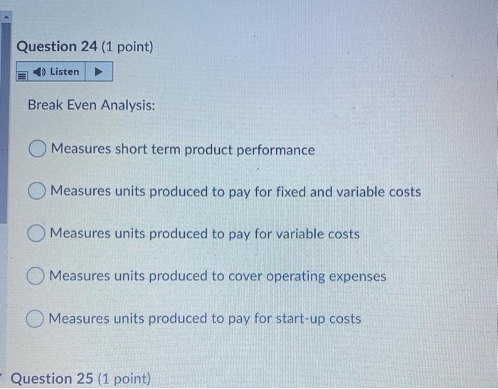 Question 24 (1 point) Listen Break Even Analysis: