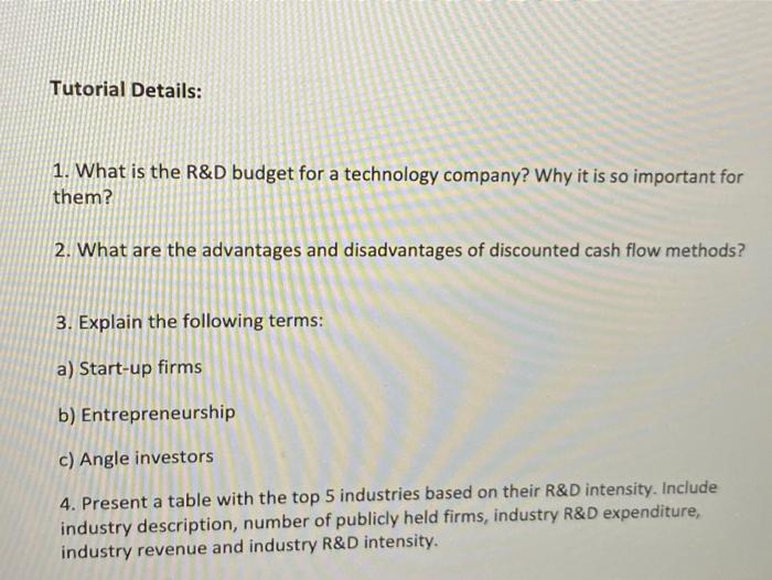 Tutorial Details: 1. What is the R&D budget for a