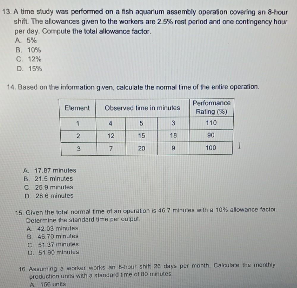 4. The table below shows the activities,