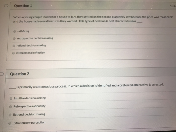 Question 1 1 pts When a young couple looked for a