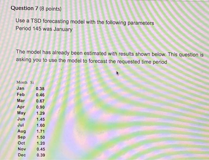 Question 7 (8 points) Use a TSD forecasting model