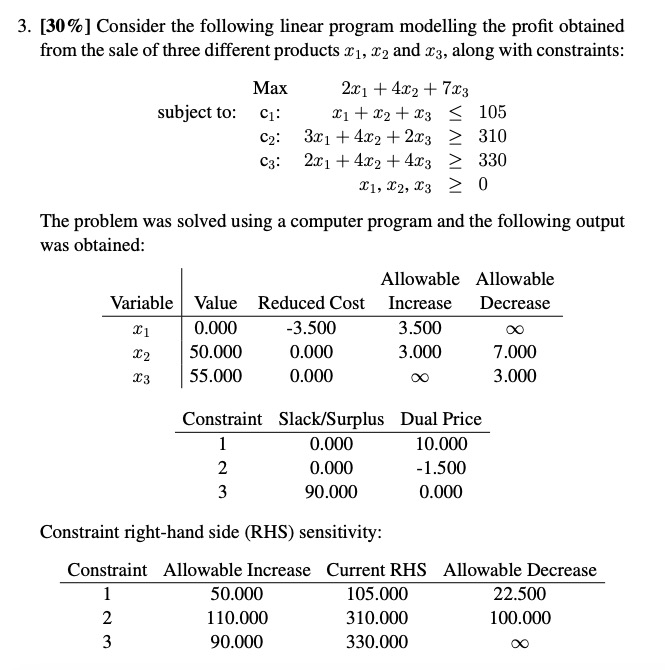 3. [30%] Consider the following linear program