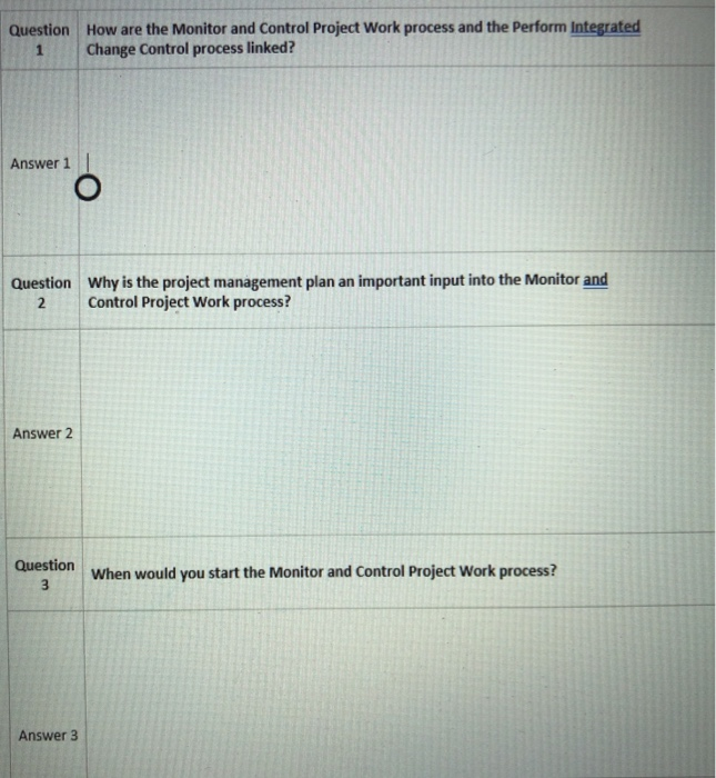 Question How are the Monitor and Control Project