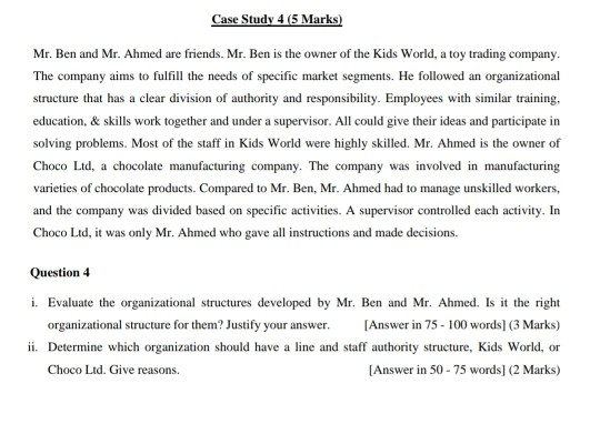 For lndustrial management Case Study 4 (5 Marks)