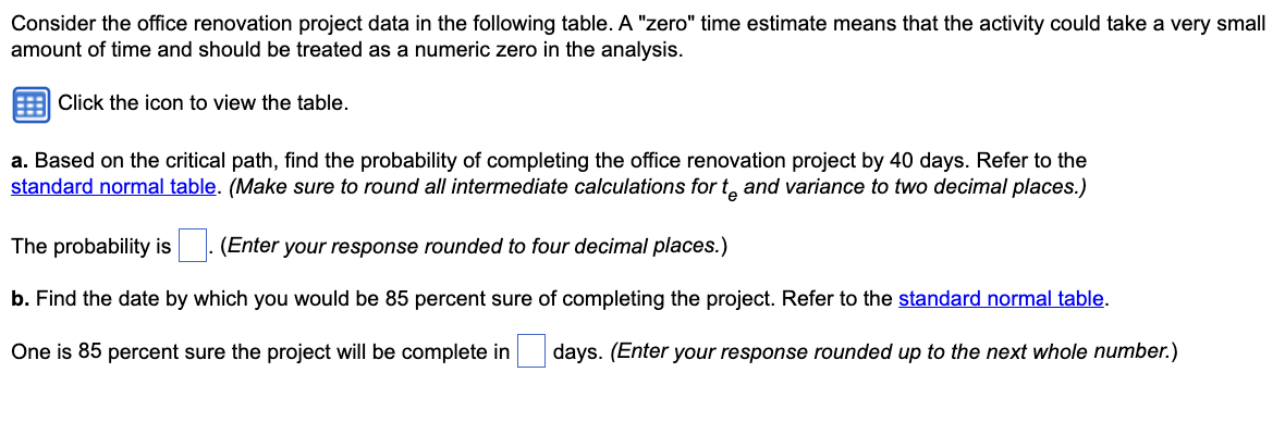 Consider the office renovation project data in