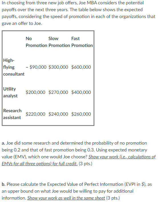 In choosing from three new job offers, Joe MBA