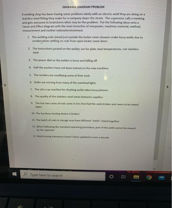 ISHIKAWA DIAGRAM PROBLEM A welding shop has been