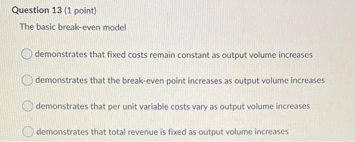 Question 13 (1 point) The basic break-even model