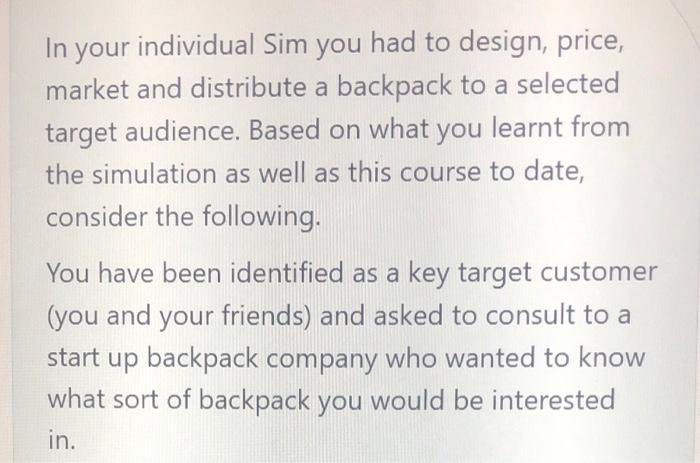 In your individual Sim you had to design, price,