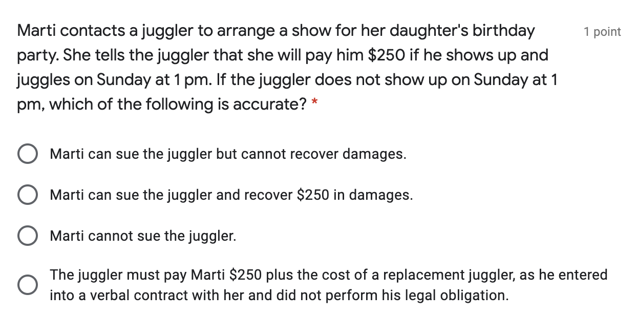 1 point Marti contacts a juggler to arrange a