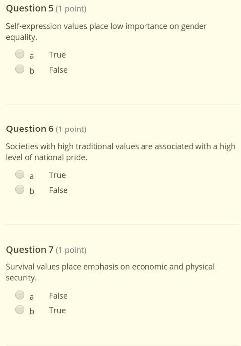 Question 5 (1 point) Self-expression values place
