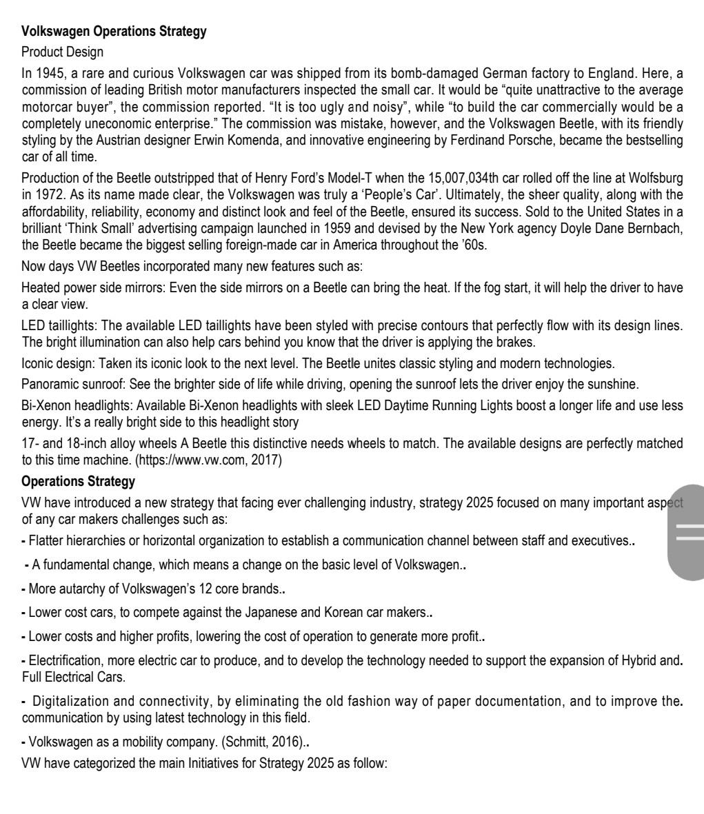 Volkswagen Operations Strategy Product Design In