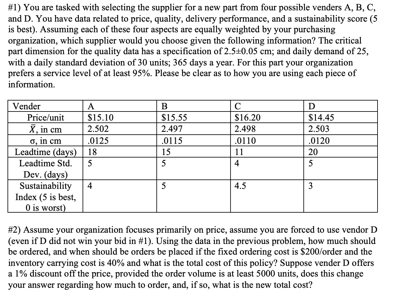 #1) You are tasked with selecting the supplier