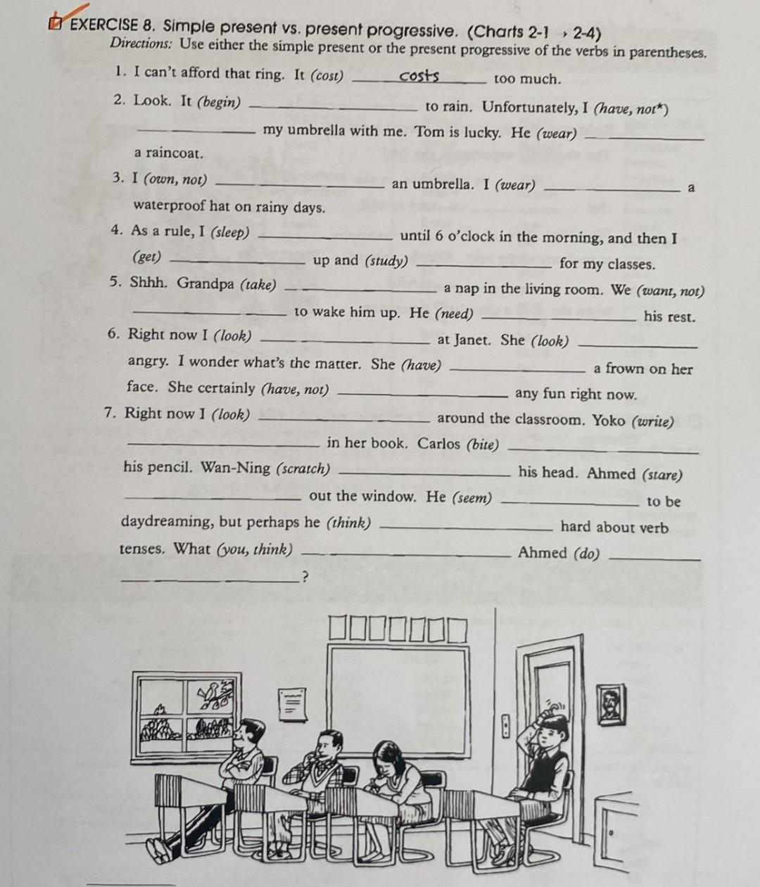 2-4) EXERCISE 8. Simple present vs. present