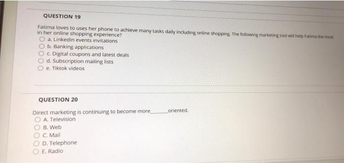 only answer , without explain QUESTION 19 Fatima