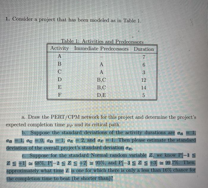 i need help with b. and c. 1. Consider a project
