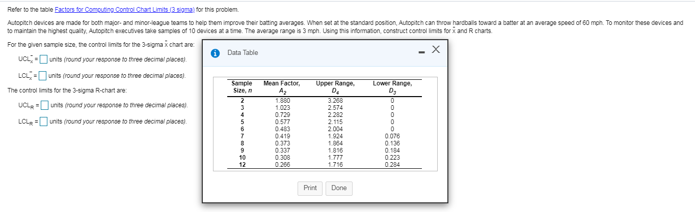 Refer to the table Factors for Computing Control
