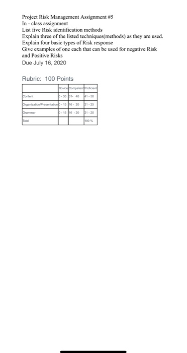 Project Risk Management Assignment #5 In-class