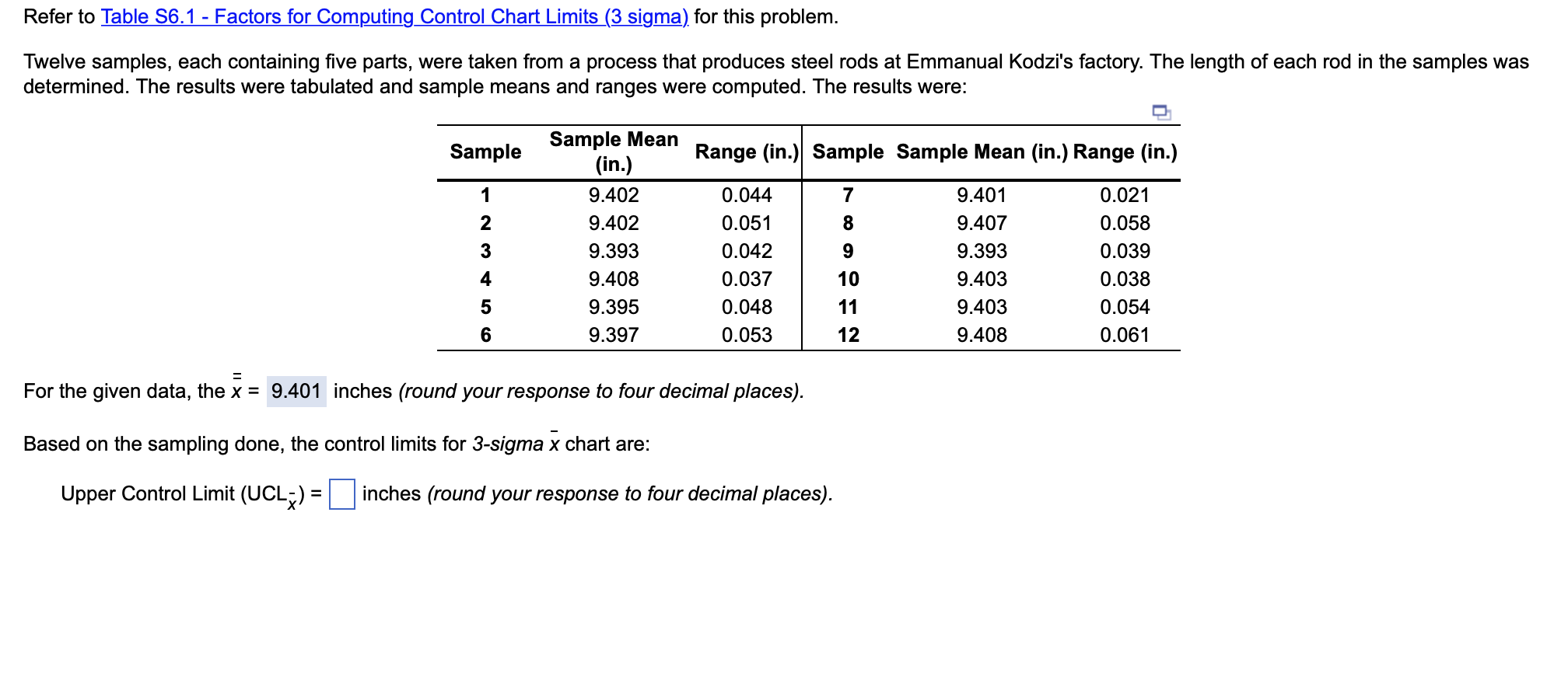 Refer to Table S6.1 - Factors for Computing