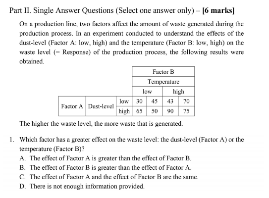 Part II. Single Answer Questions (Select one