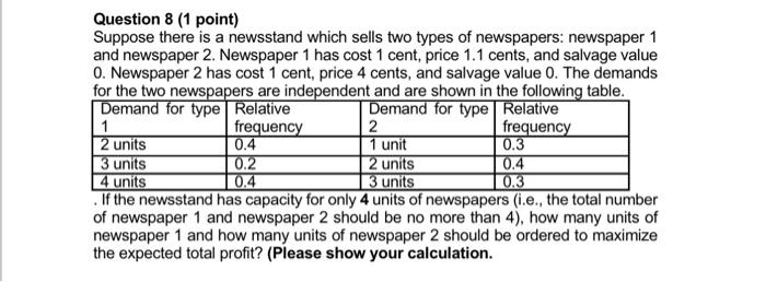 Question 8 (1 point) Suppose there is a newsstand
