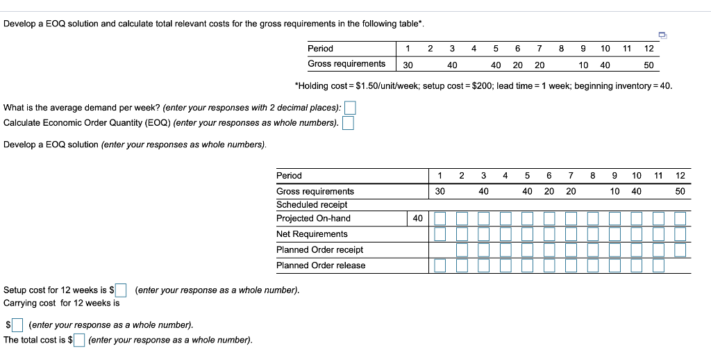 Develop a EOQ solution and calculate total