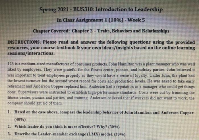 Spring 2021 - BUS310: Introduction to Leadership