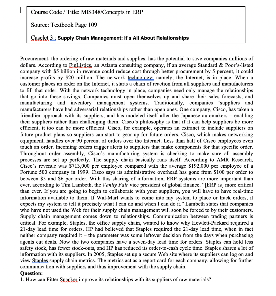 Course Code / Title: MIS348/Concepts in ERP