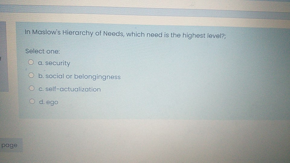 In Maslow's Hierarchy of Needs, which need is the